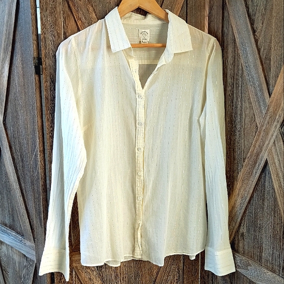 J. Crew Tops - J. CREW The Perfect Shirt Cream & Metallic Gold Pin Stripe Button Down Shirt 12